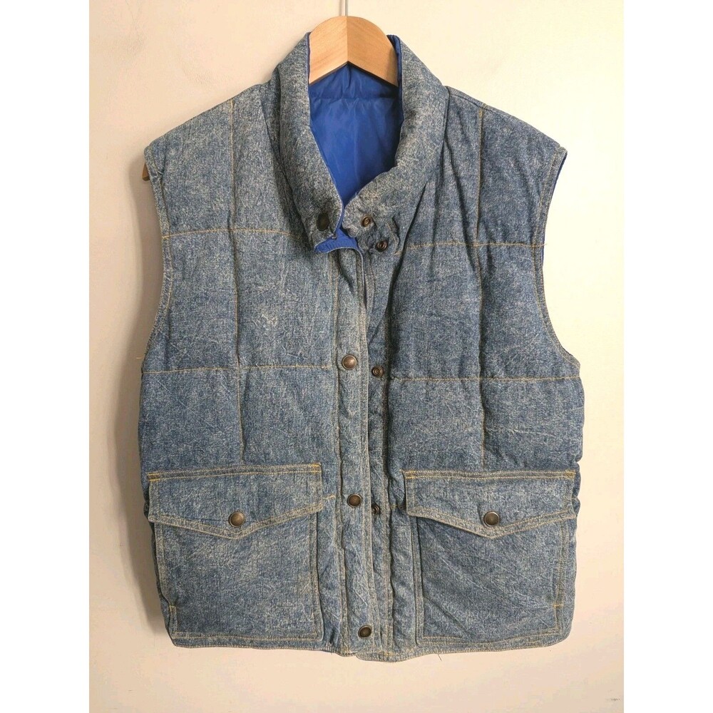 Vtg 80s 90s Reversible Puffer Quilted Down Vest Mens M Stonewash Denim Retro Ski